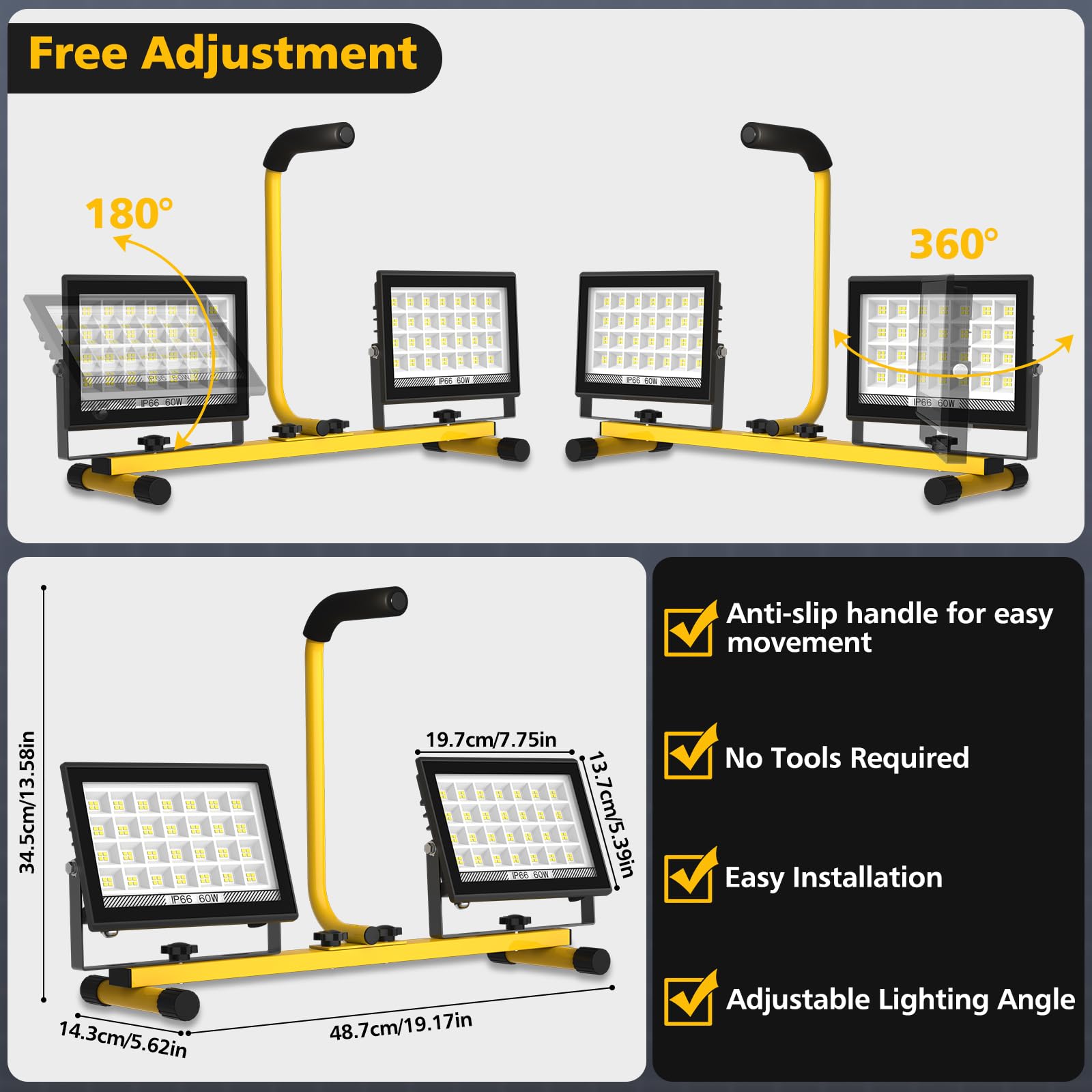 T-SUN 2x60W LED Baustrahler mit Stecker, 11000LM Baustellenstrahler mit 4M Kabel, IP66 Wasserdicht Arbeitsleuchte Baulampe, 6000K Kaltweiß LED Bauscheinwerfer für Baustelle, Werkstatt oder Keller