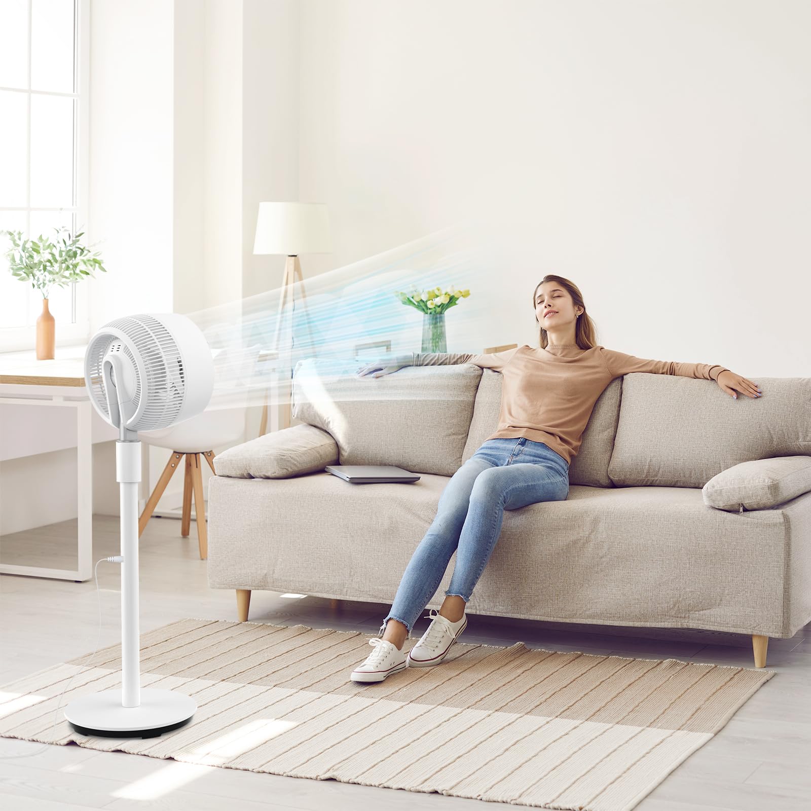 berssen Standventilator Ventilator leise 25dB 3D Oszillation DC Motor 68/100cm Höhenverstellbar Turbo Luftzirkulation Fernbedienung Tastbildschirm 7,1m/s Windgeschwindigkeit Energie Sparen,Weiß