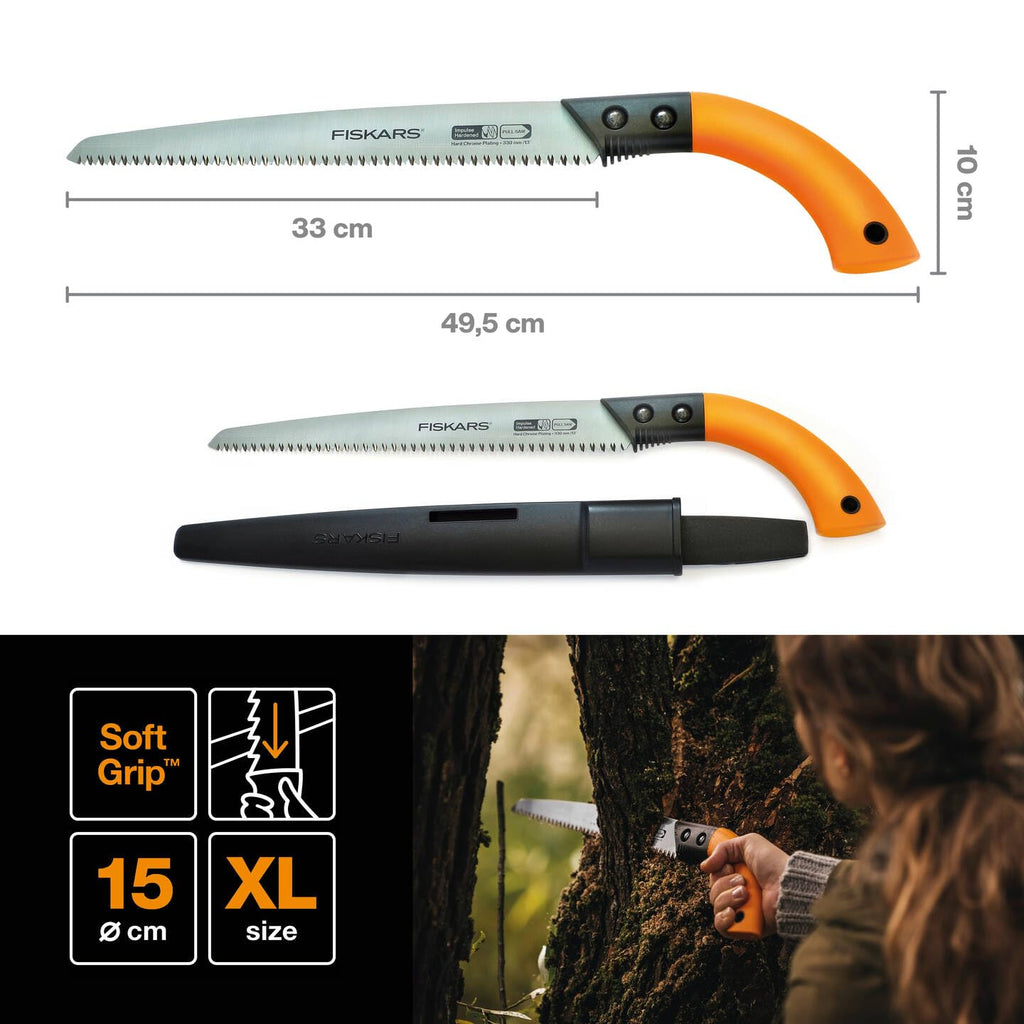 Fiskars Handsäge für frisches Holz bis Ø 15 cm, Mit feststehendem Blatt, Inklusive Kunststoff-Köcher, Sägeblattlänge: 33 cm, Rostfreies Stahl-Sägeblatt, Schwarz/Orange, SW84, 1001620