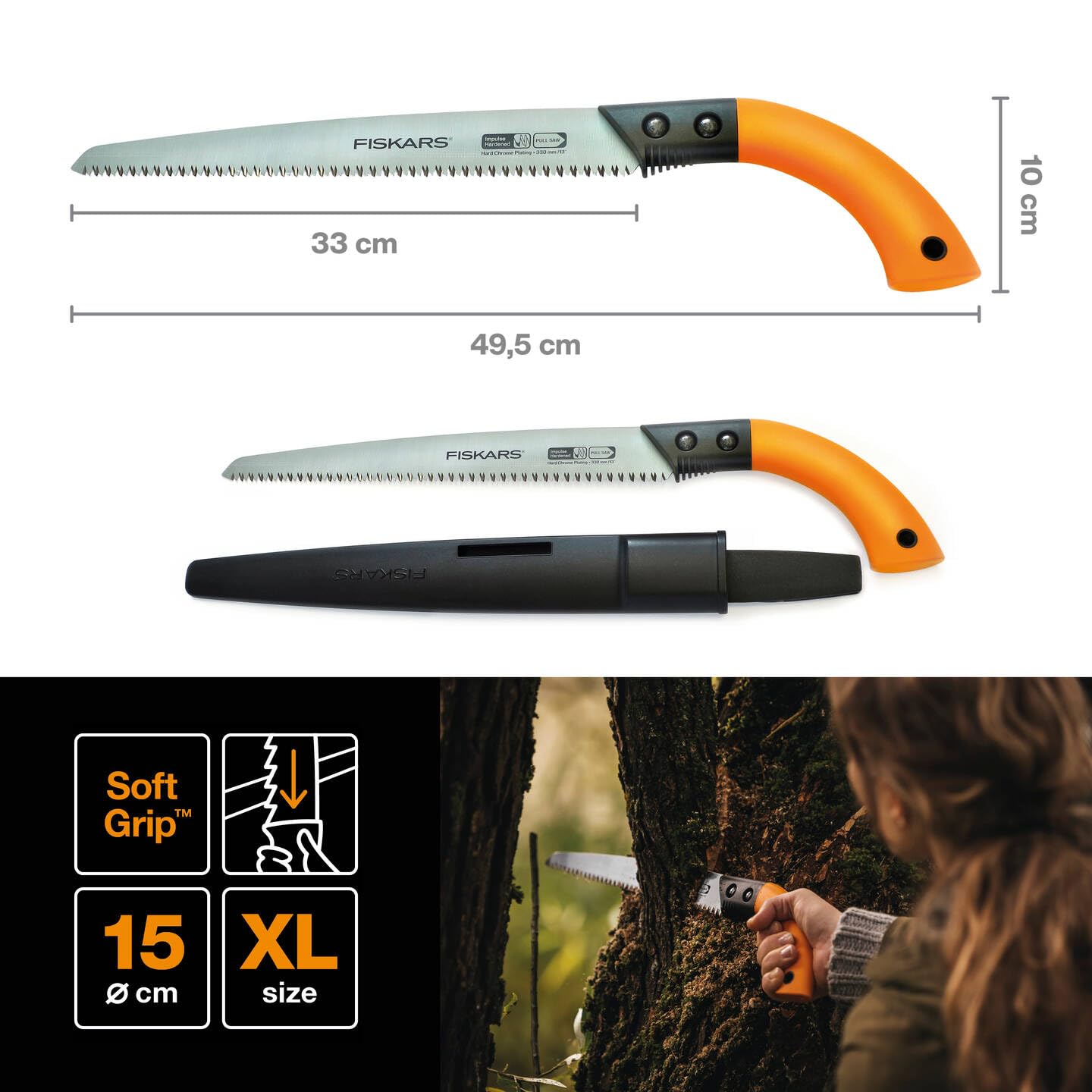 Fiskars Handsäge für frisches Holz bis Ø 15 cm, Mit feststehendem Blatt, Inklusive Kunststoff-Köcher, Sägeblattlänge: 33 cm, Rostfreies Stahl-Sägeblatt, Schwarz/Orange, SW84, 1001620