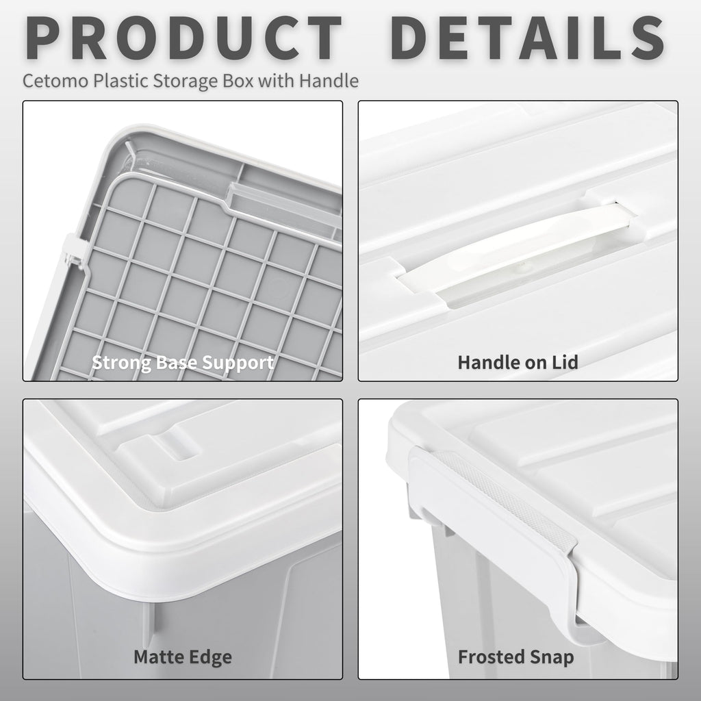 Cetomo 15L*4 Aufbewahrungsboxen, Tragbare Plastikboxen mit Deckeln, Organizer-Behälter mit Griff und Clips, Stapelbar, Ineinander Nestbar, für Zuhause und Büro, Grau, 15L-4er Pack