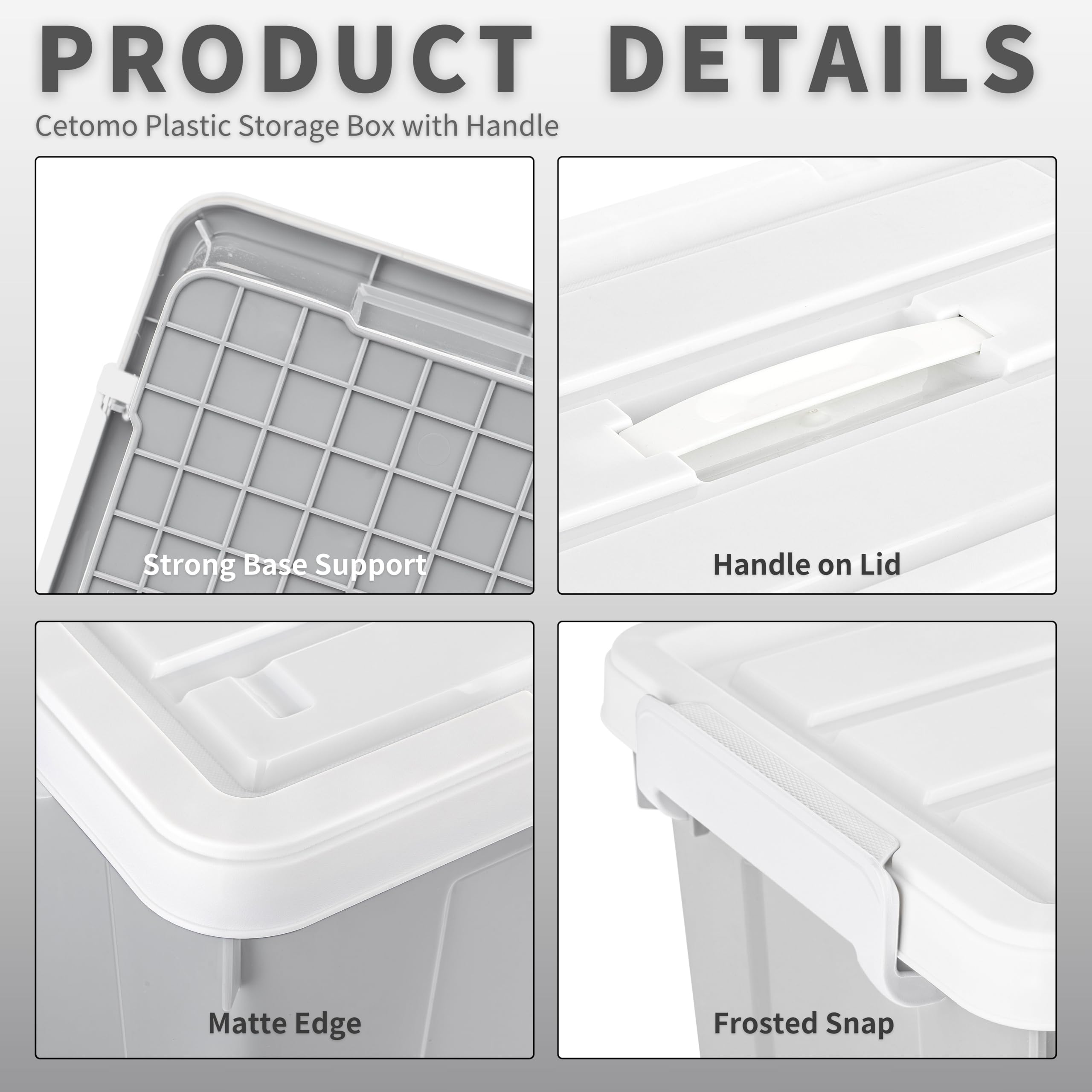 Cetomo 15L*4 Aufbewahrungsboxen, Tragbare Plastikboxen mit Deckeln, Organizer-Behälter mit Griff und Clips, Stapelbar, Ineinander Nestbar, für Zuhause und Büro, Grau, 15L-4er Pack