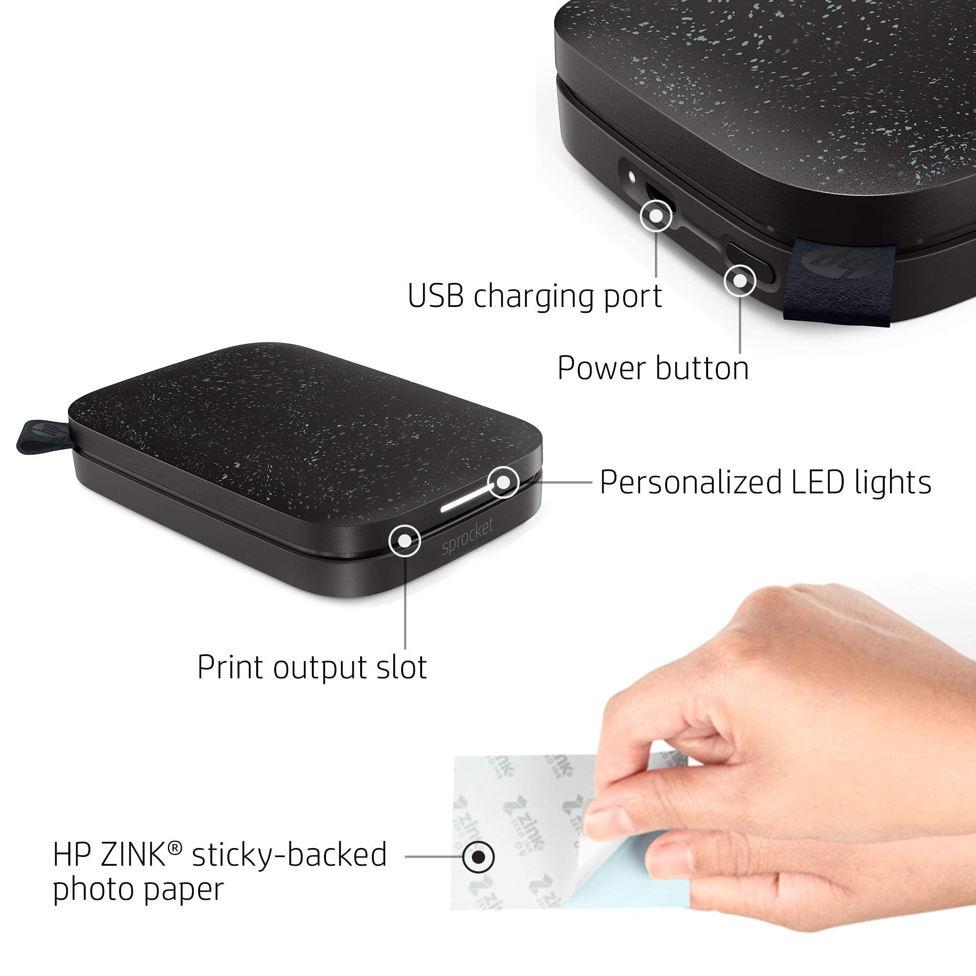 HP Sprocket Portable 2x3 Zoll Sofortbilddrucker (Schwarz) Zink-Papierbündel