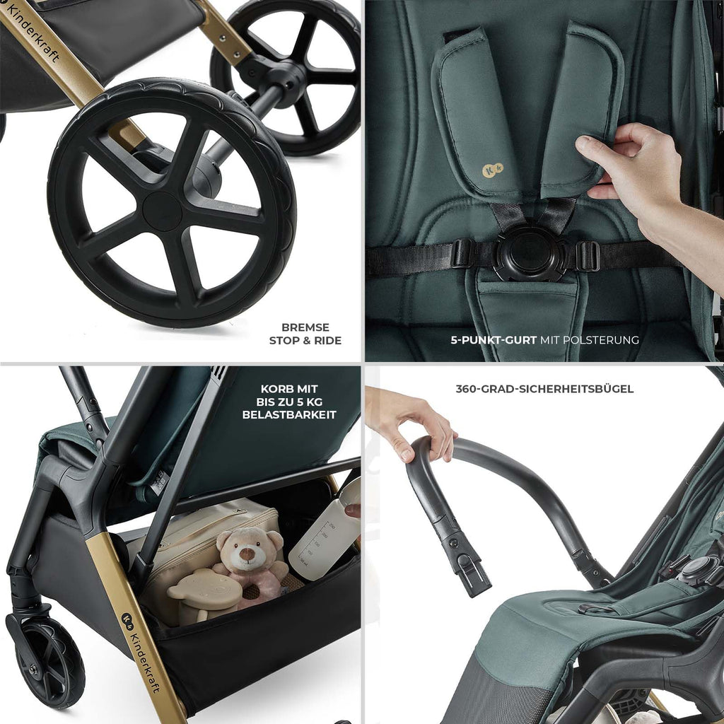 Kinderkraft LOOM Kompakter und leichter Buggy, automatisches Zusammenklappen, große pannensichere Räder, verstellbare Rückenlehne, ab Geburt bis 22 kg, Grün