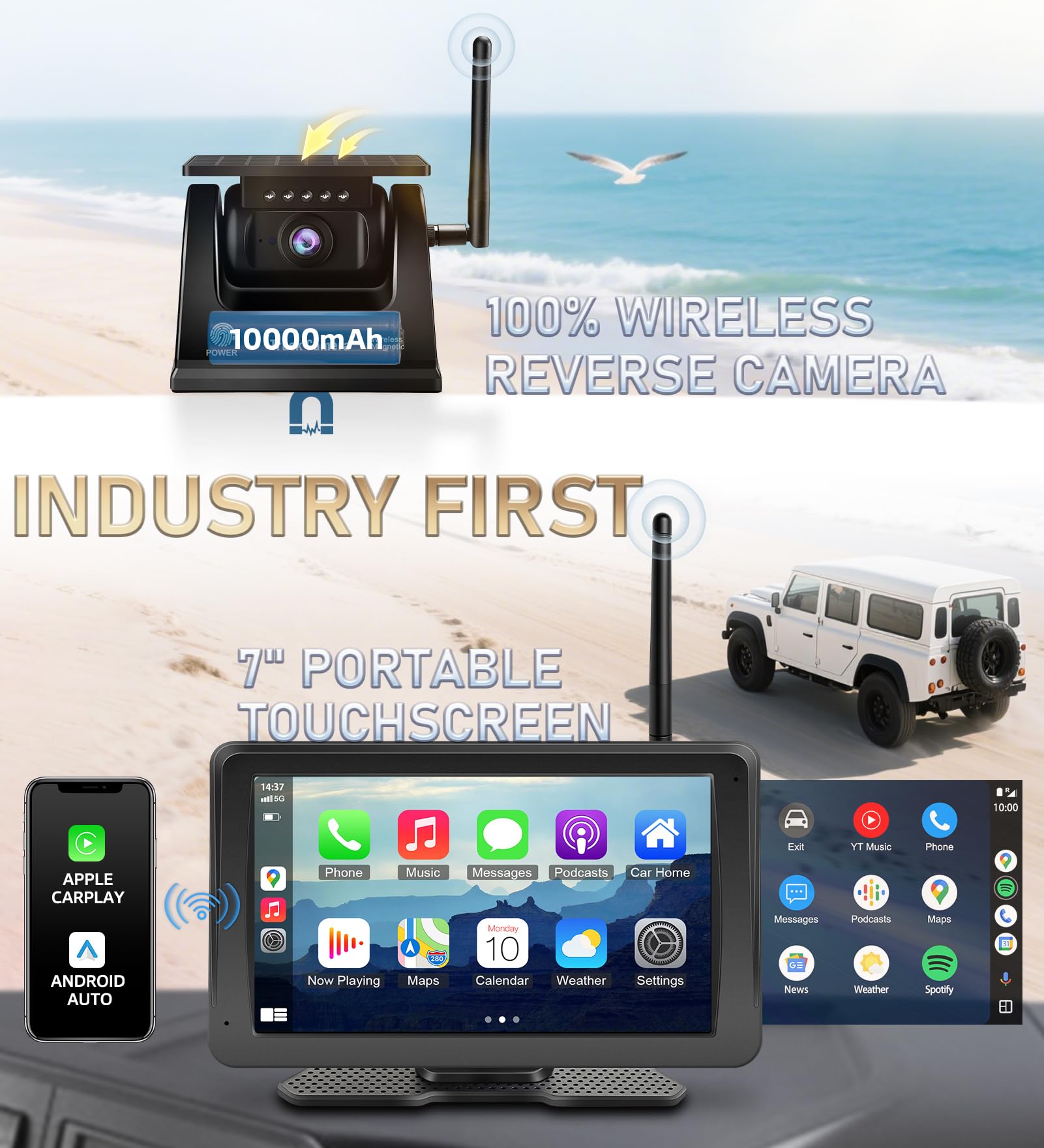 URVOLAX Rückfahrkamera Kabellos Funk: Tragbares 7 Zoll Apple CarPlay/Android Auto - 10.000mAh Akku Batterie mit Solar Nachtsicht Wasserdicht - für Wohnmobil Wohnwagen Anhänger LKW (69X Branchenneu)