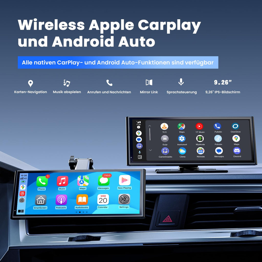 Krunia 9,26" Drahtloses Tragbares CarPlay Display für Apple CarPlay & Android Auto, OTA-Updates, Rückfahrkamera, Mirror Link, Bluetooth 5.0, Sprachsteuerung, GPS-Navigation, FM