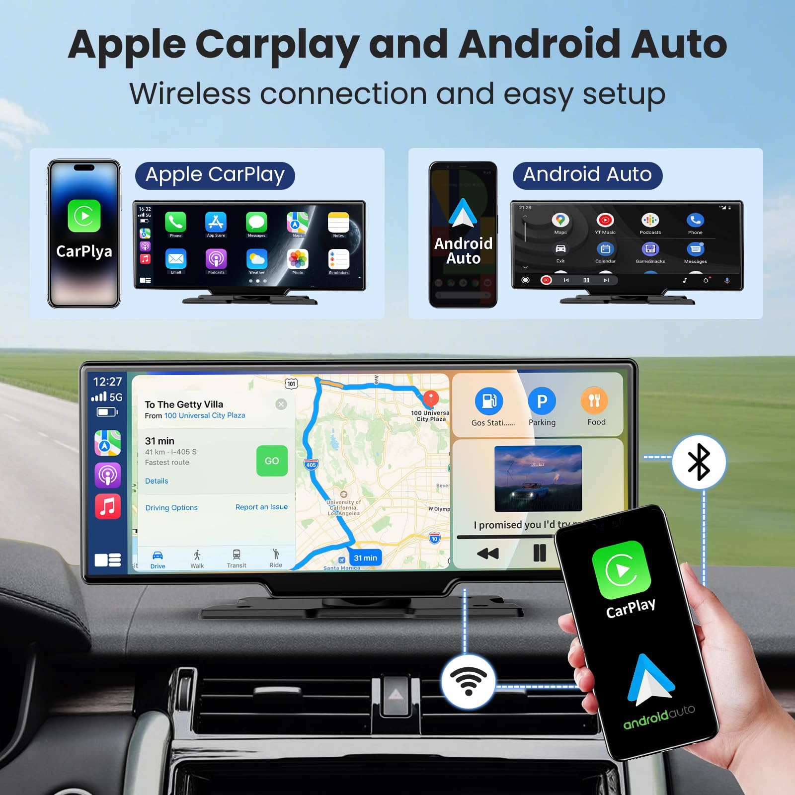 10,26 Zoll Carplay Display Wireless Android Auto Car Play Display mit 4K Dashcam 1080P Rückfahrkamera,Android Display IPS Touchscreen mit AUX/FM,64G TF,Split Screen,Mirror Link,Bluetooth
