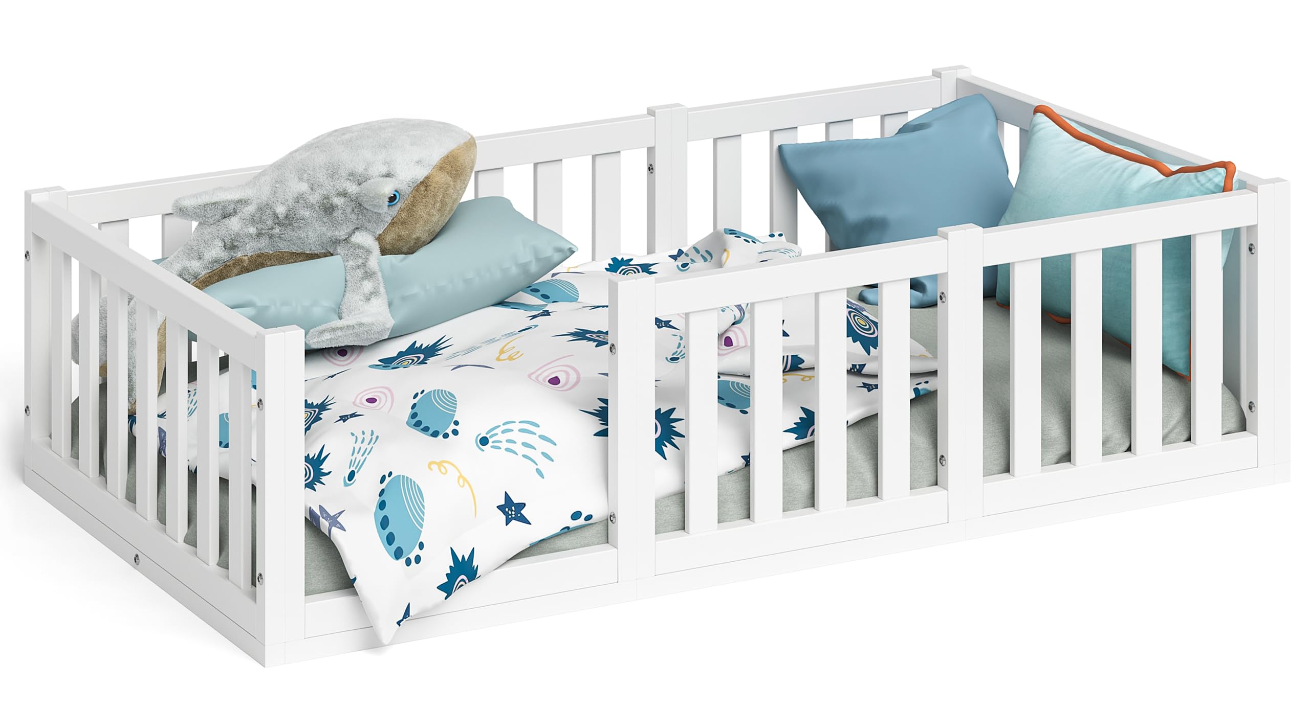 Bellabino Tapi Bett 80x160 cm, Kinderbett mit Rausfallschutz, inklusive Lattenrost, Montessori Bodenbett für Jungen und Mädchen aus Kiefer Massivholz, weiß lackiert, Bed