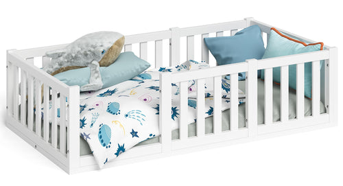 Bellabino Tapi Bett 80x160 cm, Kinderbett mit Rausfallschutz, inklusive Lattenrost, Montessori Bodenbett für Jungen und Mädchen aus Kiefer Massivholz, weiß lackiert, Bed