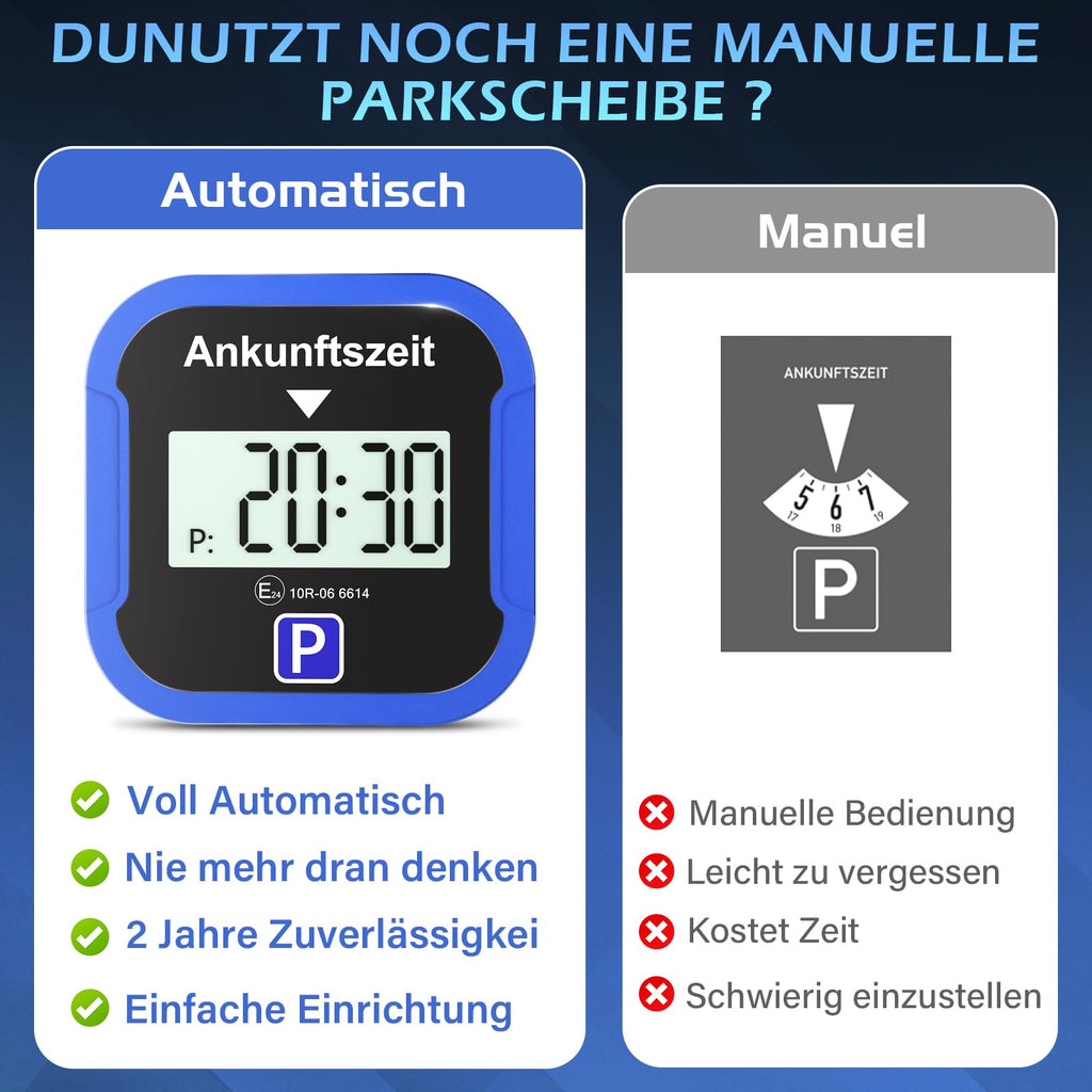 Warmfay® Elektronische Parkscheibe mit Zulassung vom KBA, Automatische Digitale Parkscheibe Elektrisch mit Batterie, Elektrische Parkuhr Auto mit 2 Displays & Nachtmodus & 3 Zeitmodi(1, Blau)