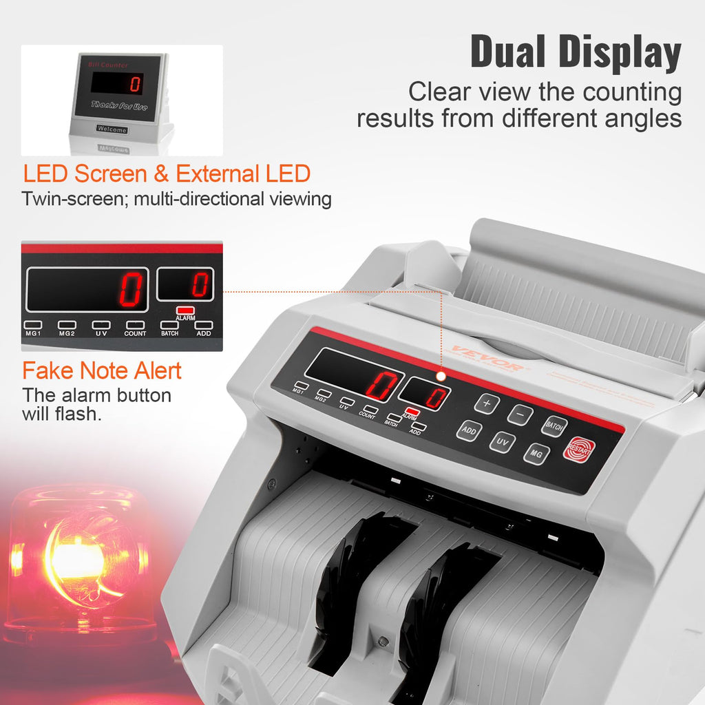 VEVOR Geldscheinzähler mit LED-Display und professionellem Geldscheinzähler mit Falschgeld-Detektor, UV/MG, 1000 Banknoten/Minute, nur Zahl der Blätter