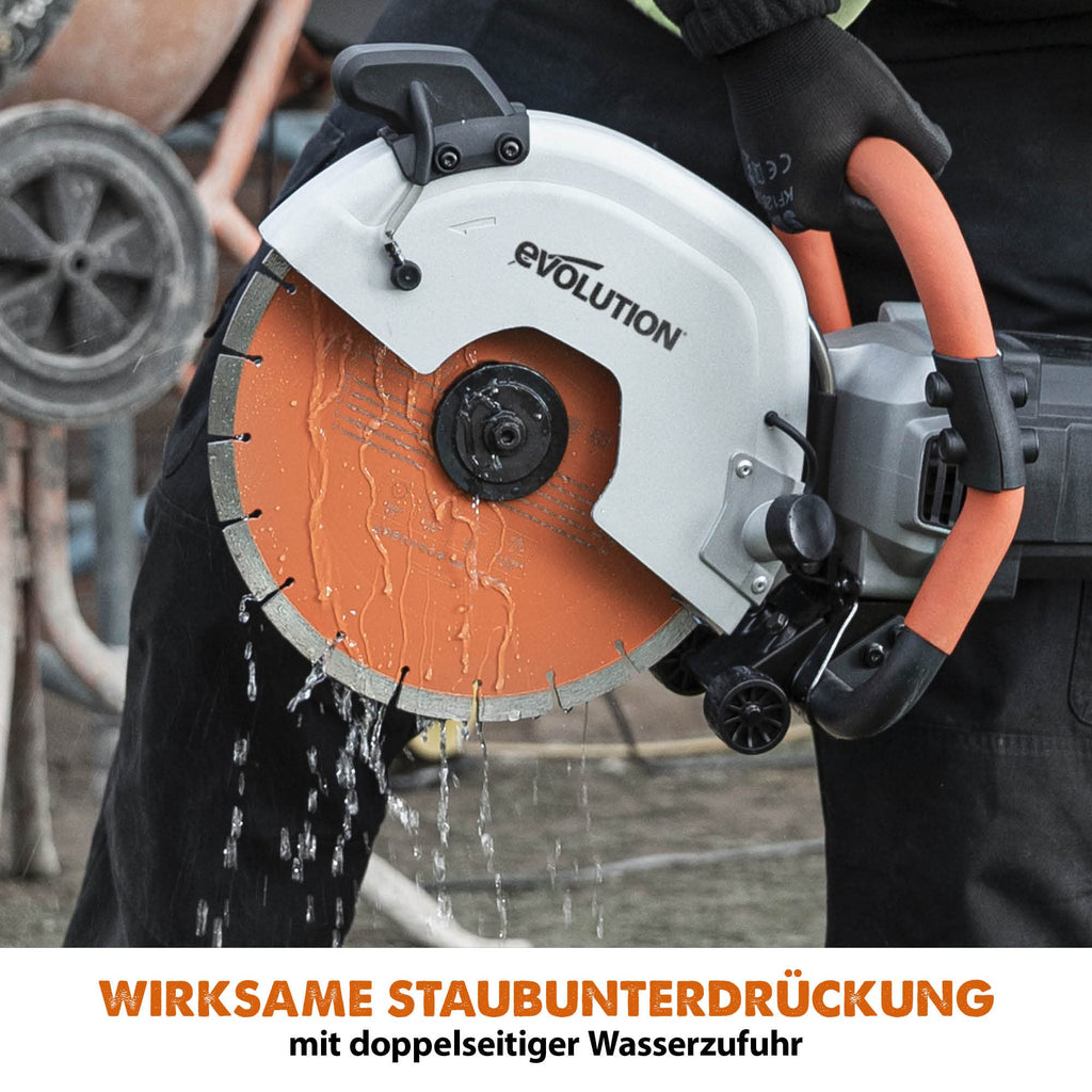 Evolution R300DCT+ Betonsäge Elektrische Steinsäge 2400W Nass-/Trocken Steinschneidemaschine Staubfreies Schneiden mit Staubunterdrückung 300 mm Scheibendurchmesser Sägeblatt, 115 mm Schnitttiefe
