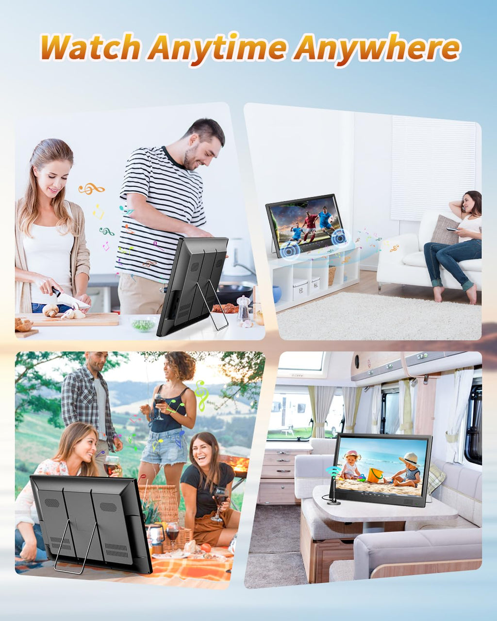 DESOBRY 19-Zoll Fernseher, 1080P Kleiner Fernseher DVB-T2-Tuner mit Antenne, Wiederaufladbarer TV HDMI AV USB Eingang, Tragbarer 12V TV für Camping, Wohnmobil, küchen