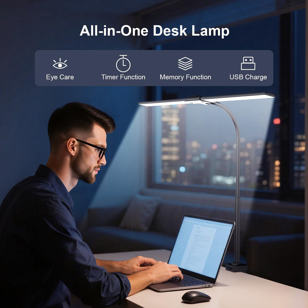 YICAIZI Schreibtischlampe LED Dimmbar - 1500LM 24W Klemmbar Büroschreibtischlampe mit Fernbedienung, 80CM Schwanenhals Schreibtisch Lampe USB-Ladeanschluss, für Büro & Zuhause, Schwarz