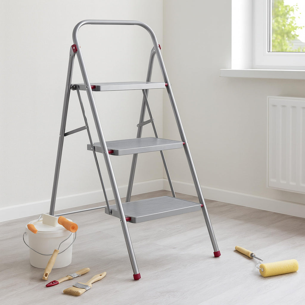 Kleeneze zusammenklappbare 3-stufige Trittleiter, leichte Klappleiter für Heimwerker, sicheres Arbeiten, rutschfeste Trittstufen, robuster Stahl, Sicherheitsclip, 105 cm, rosa/grau, Tragkraft 150 kg