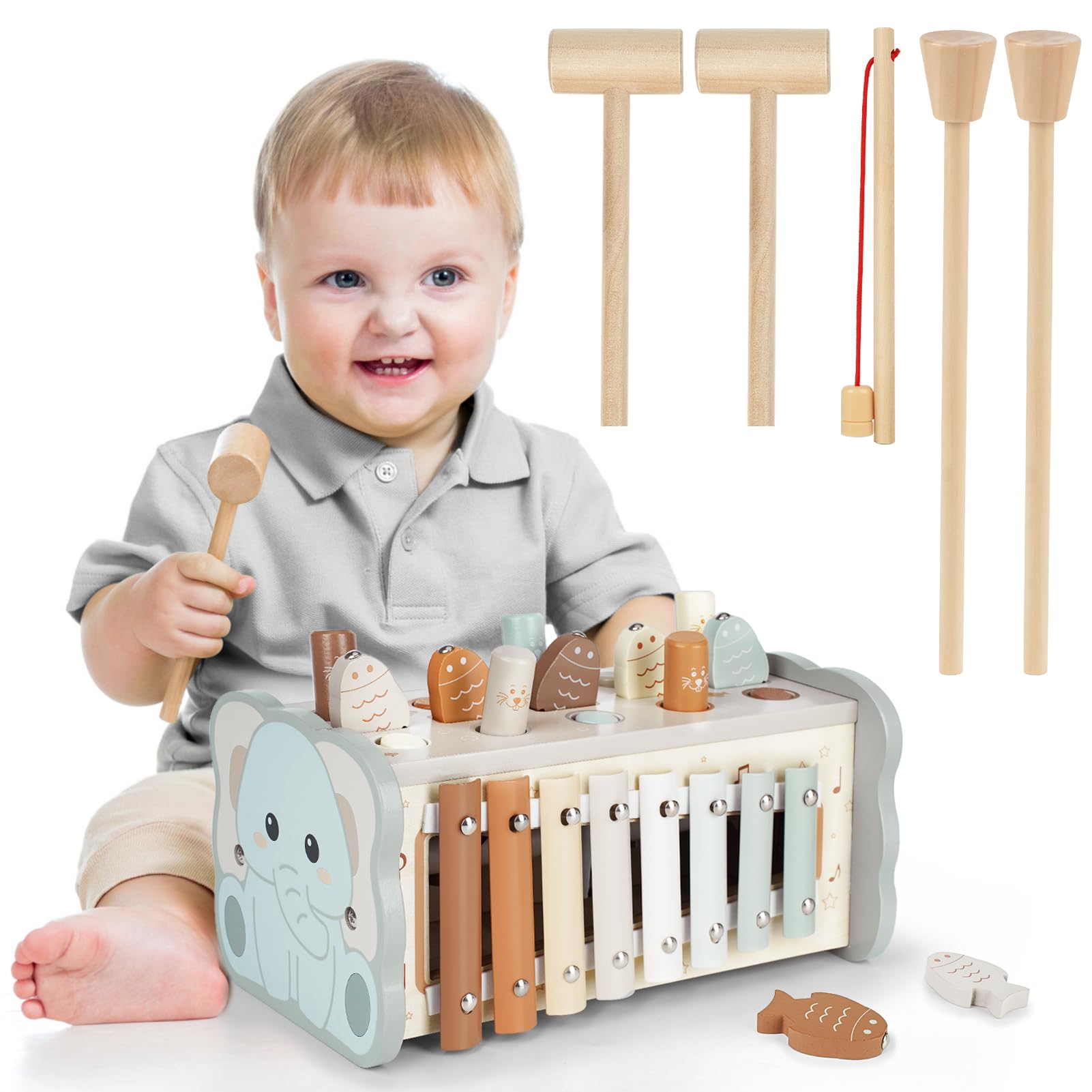 DINORUN Montessori Spielzeug ab 1 Jahr, Hammerspiel Holzspielzeug Motorikspielzeug, Xylophon Kinder 1 Jahr, Geschenk Kinderspielzeug ab 1 2 3 4 Jahre Mädchen Junge
