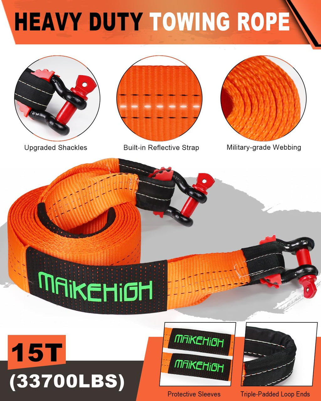 MAIKEHIGH Abschleppseil 15 Tonnen (33,700 Lbs), 6M x 7,6cm Abschleppgurt mit 2 Verbesserten Schäkeln Haken, 2 Handschuhen für Auto, LKW, SUV, Offroad (Orange)