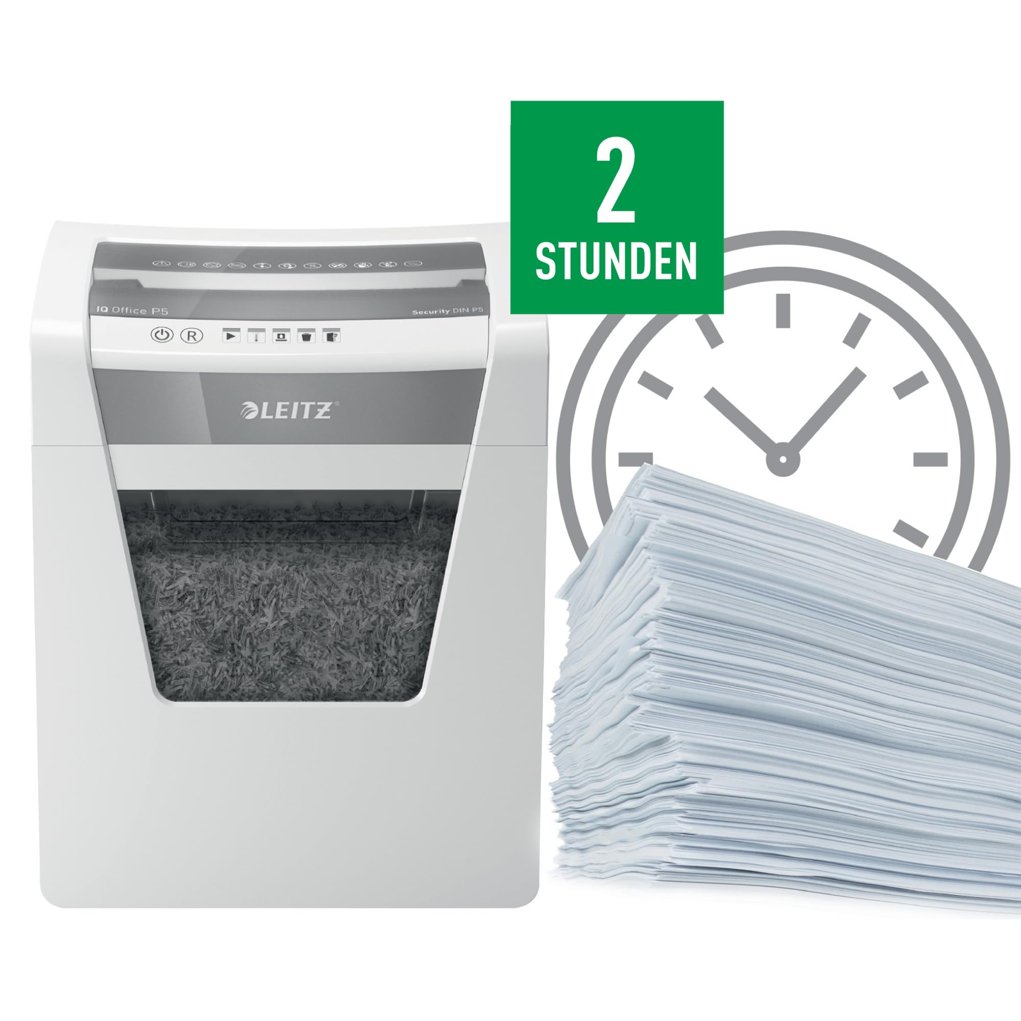 Leitz IQ Aktenvernichter Office P5, Mikroschnitt, 11-10 Blatt (70-80 g/m²), TÜV+GS zertifiziert, 2 Stunden Dauerbetrieb, Herausziehbarer 23L Behälter, Sehr leiser Schredder für Büro, Weiß, 80020000