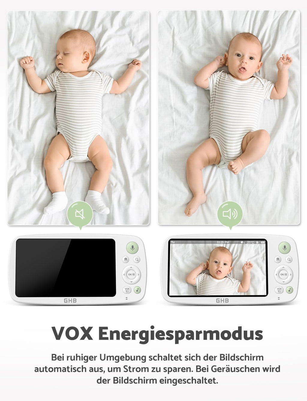 GHB Babyphone mit Kamera 5 Zoll HD 1080P Babyphone 4000-mAh-Akku 7x24 St. im VOX Modus 4xZoom Gegensprechen Nachtsicht Reichweite 300m