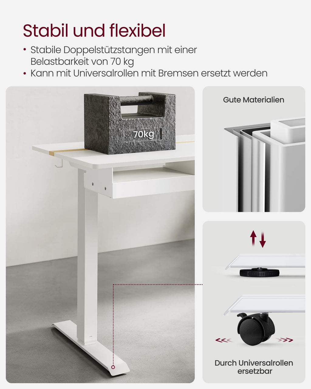 VASAGLE Höhenverstellbarer Schreibtisch elektrisch, 120 x 60 cm Tischoberfläche, Memory-Funktion mit 4 Höhen, mit Steckdosen und Stoffschubla, wolkenweiß-golichenfarben LSD112W01