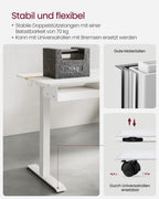 VASAGLE Höhenverstellbarer Schreibtisch elektrisch, 120 x 60 cm Tischoberfläche, Memory-Funktion mit 4 Höhen, mit Steckdosen und Stoffschubla, wolkenweiß-golichenfarben LSD112W01