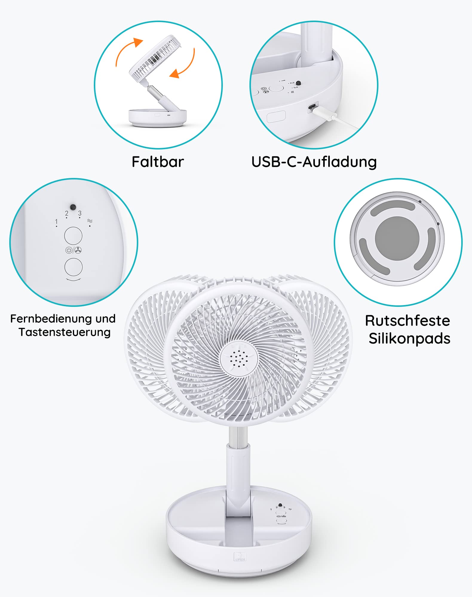 Primevolve 8" Oszillierender Tisch-und Standventilator mit Fernbedienung, Tragbarer Faltbarer Travel Fan für Outdoor Reise Camping, 7200mAh Akku Batterie Ventilator Leise für Schlafzimmer Büro (Weiß)