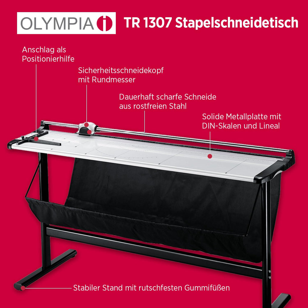 Olympia TR 1307 Rollenschneidegerät | Papierschneider Din A0 | 1300 mm Arbeitsbreite | Schneidemaschine Papier | bis zu 7 Blätter | Papierschneidemaschine mit Auffangbehälter & Untergestell | Silber