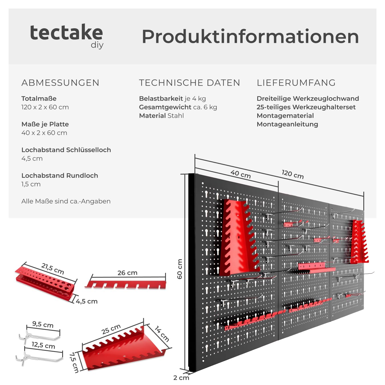 tectake® Werkzeug Lochwand aus Metall, 120 x 60 x 2 cm, Werkzeugwand Lochplatte, inkl. Werkzeughalter Set Haken und Halterungen, Wandregal Regalsystem für Werkbank, Garage, Werkstatteinrichtung - 3tlg
