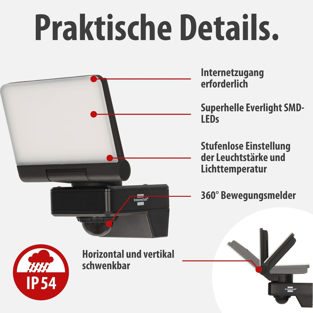 Brennenstuhl Connect WiFi LED Strahler WF 2051 P (24W, 2800lm, IP54, diverse Lichtfunktionen über App einstellbar, Außenstrahler zur Wandmontage mit Bewegungsmelder)