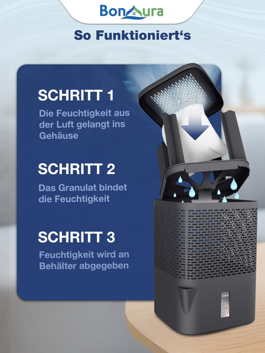 BonAura® Luftentfeuchter ohne Strom - Raumentfeuchter für Keller, Bad uvm. - 680g Luftenfeuchter Nachfüllpack inklusive - Entfeuchter und Luftentfeuchter Granulat im Set - Schutz vor Schimmel