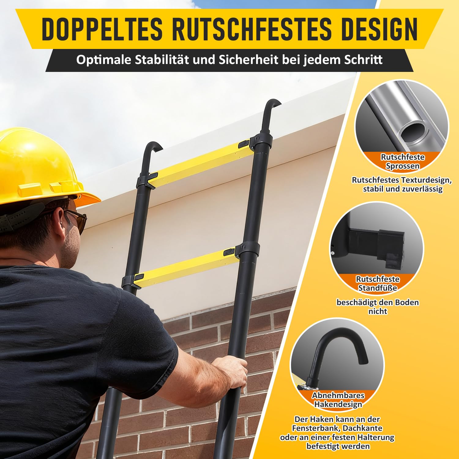 Joparri Aluminium Teleskopleiter 3.2M, Ausziehbare Leiter mit Stabilisator und Abnehmbaren Haken, Rutschfester Aluleiter Stehleiter Mehrzweckleiter, 150 kg Belastbarkeit, Schwarz Gelb