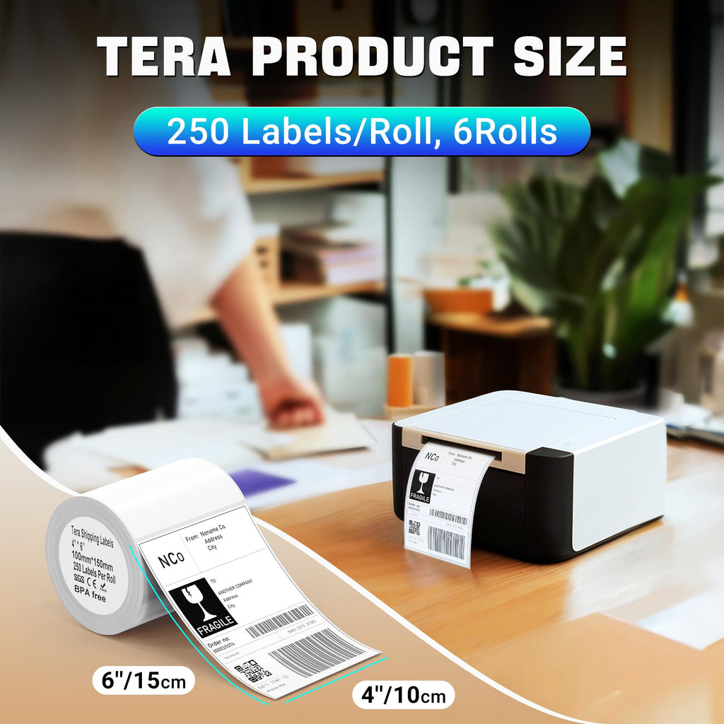 Tera Shipping Label Versandetiketten 100 x 150 mm, 250 Labels x 6 Rollen = 1500 Labels für Verschiedene Drucker BPA-Frei Selbstklebend Adressetiketten mit Gratis-Etiketten für Zerbrechliche Waren…