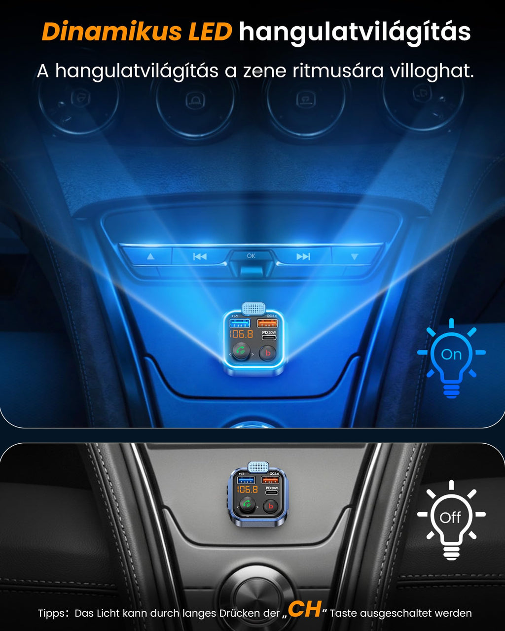 LENCENT 38W FM Transmitter Auto Bluetooth V5.3, Radio Deep Bass Musik Schnelles Autoladegerät Zigarettenanzünder, KFZ Bluetooth Adapter Freisprechanlage, Noise Cancelling Mikrofon, Lichtschalter