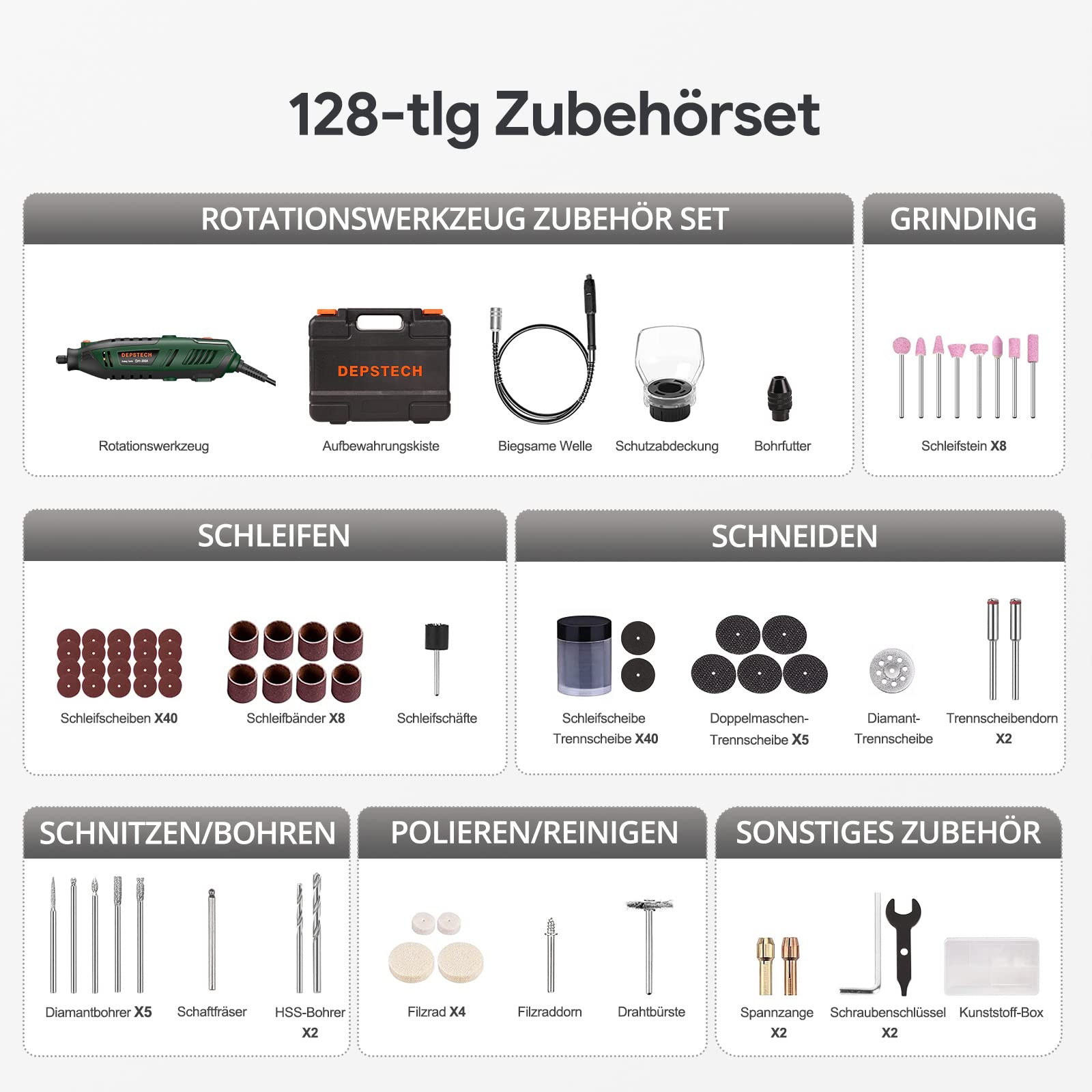 DEPSTECH Multifunktionswerkzeug 200W, Rotationswerkzeug Set mit 128 Zubehörteilen, 6 Variable Drehzahl 10.000-40.000 U/min zum Schneiden, Schleifen, Gravieren, Polieren, Schärfen, Reinigen, Schnitzen