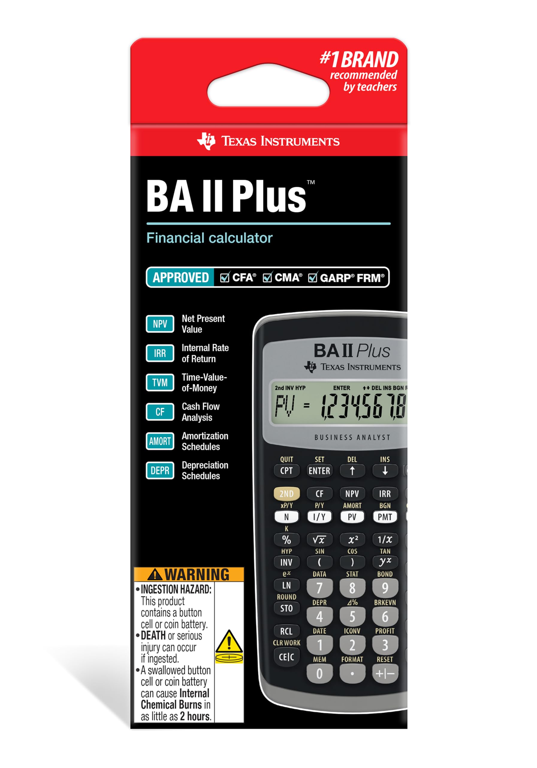 Texas Instruments BA II Plus Taschenrechner (Hosentasche, finanziell, Schwarz, Knöpfe, Akku)