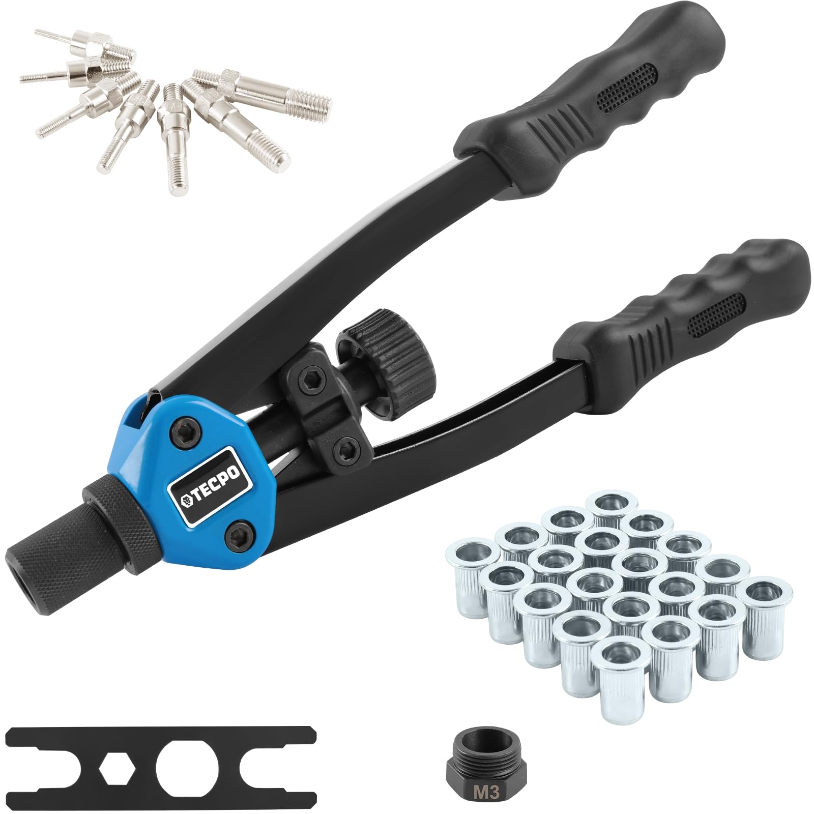 TECPO Nietmutternzange Set, 110-teilig Profi Satz Nietmuttern mit Gewinde, Nietzange, Universalschlüssel, Zugdorne und Mundstücke aus Stahl M3, M4, M5, M6, M8, M10, M12