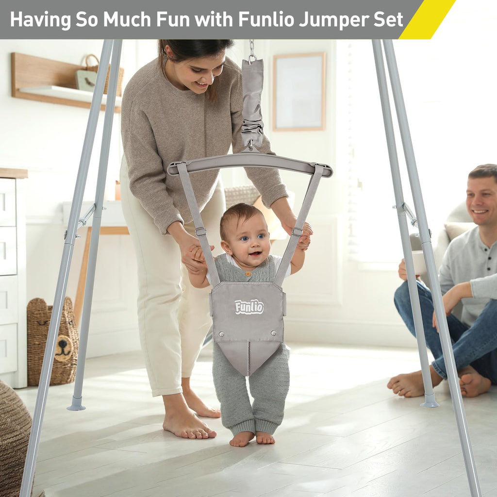 FUNLIO Baby Türhopser mit Ständer für 6–24 Monate, Baby Hüpfschaukel mit Gestell für Drinnen und Draußen, Tür Schaukel/Hängeschaukel für Kleinkinder mit Verstellbarer Kette, einfach zu Montieren-Grau
