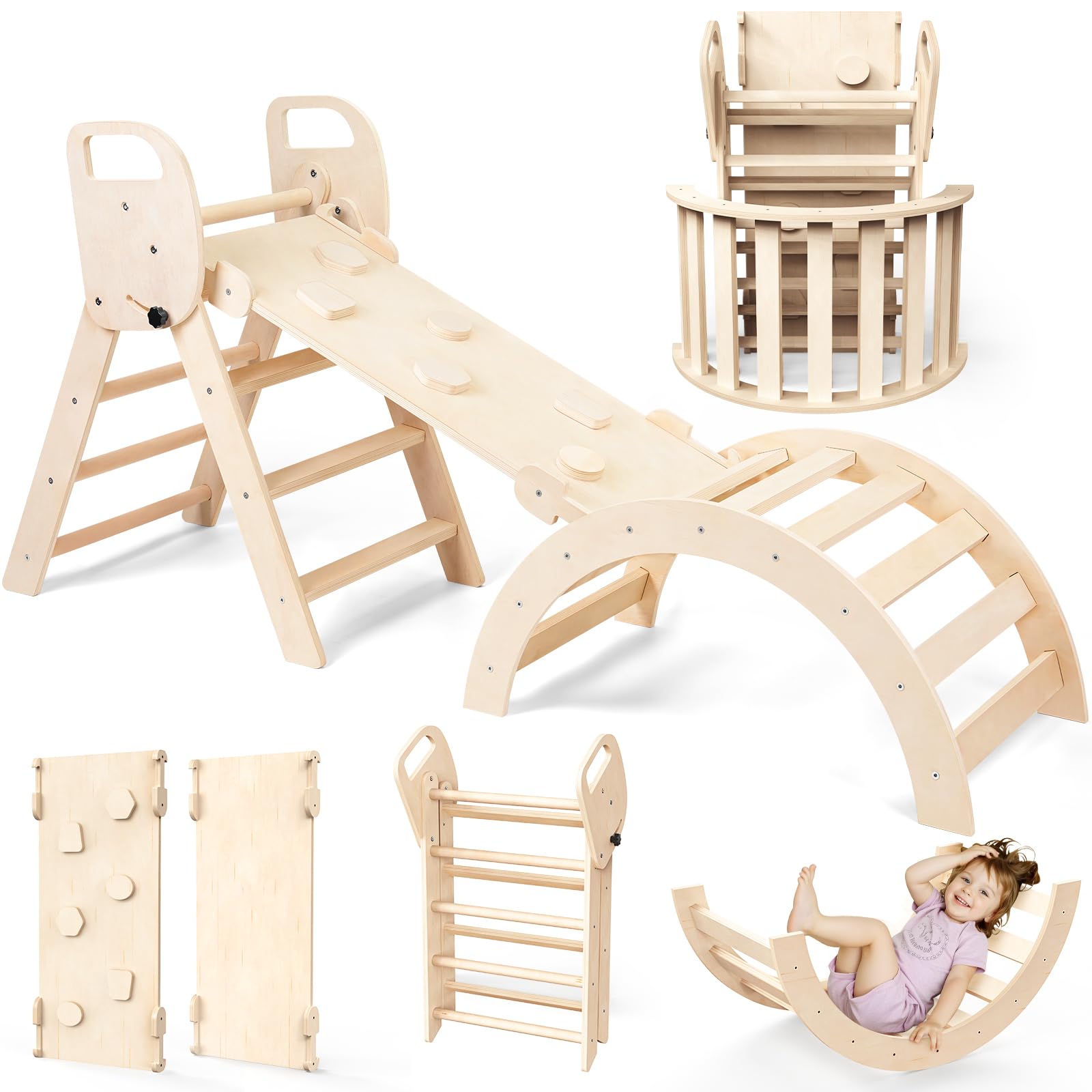 Woodure 7-in-1 Montessori Klettergerüst Indoor Set, Verformbares Kletterdreieck mit Rutsche & Kletterbogen, Hölzernes Pikler Dreieck zum Baby Klettern, Klettergerüst Montessori Spielzeug ab 1-6 Jahre