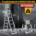 Lospitch 2M+2.3M Teleskopleiter Klappleiter, Rutschfester Aluleiter Mehrzweckleiter Ausziehbare Leiter, A-Rahmen 6+7 Sprossen Aluminiumleiter, 150 kg Tragfähigkeit