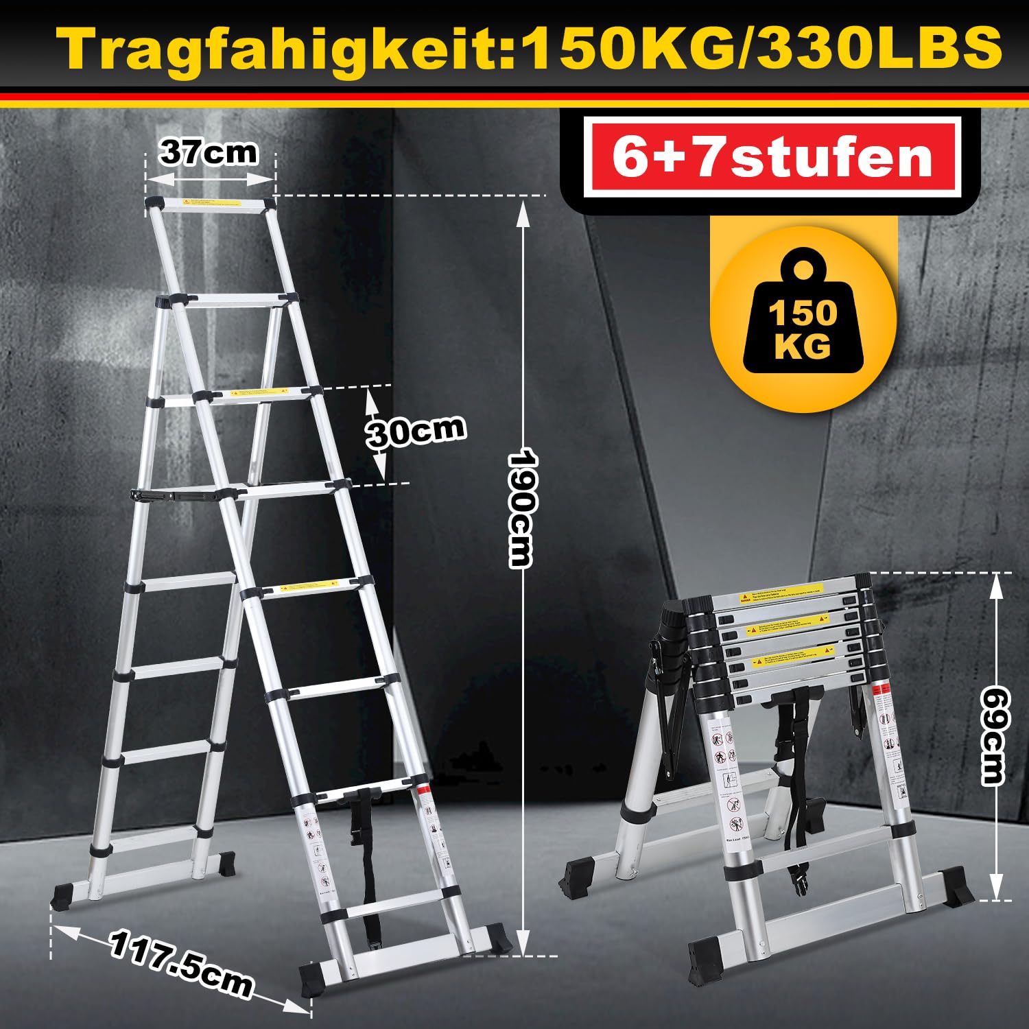Lospitch 2M+2.3M Teleskopleiter Klappleiter, Rutschfester Aluleiter Mehrzweckleiter Ausziehbare Leiter, A-Rahmen 6+7 Sprossen Aluminiumleiter, 150 kg Tragfähigkeit