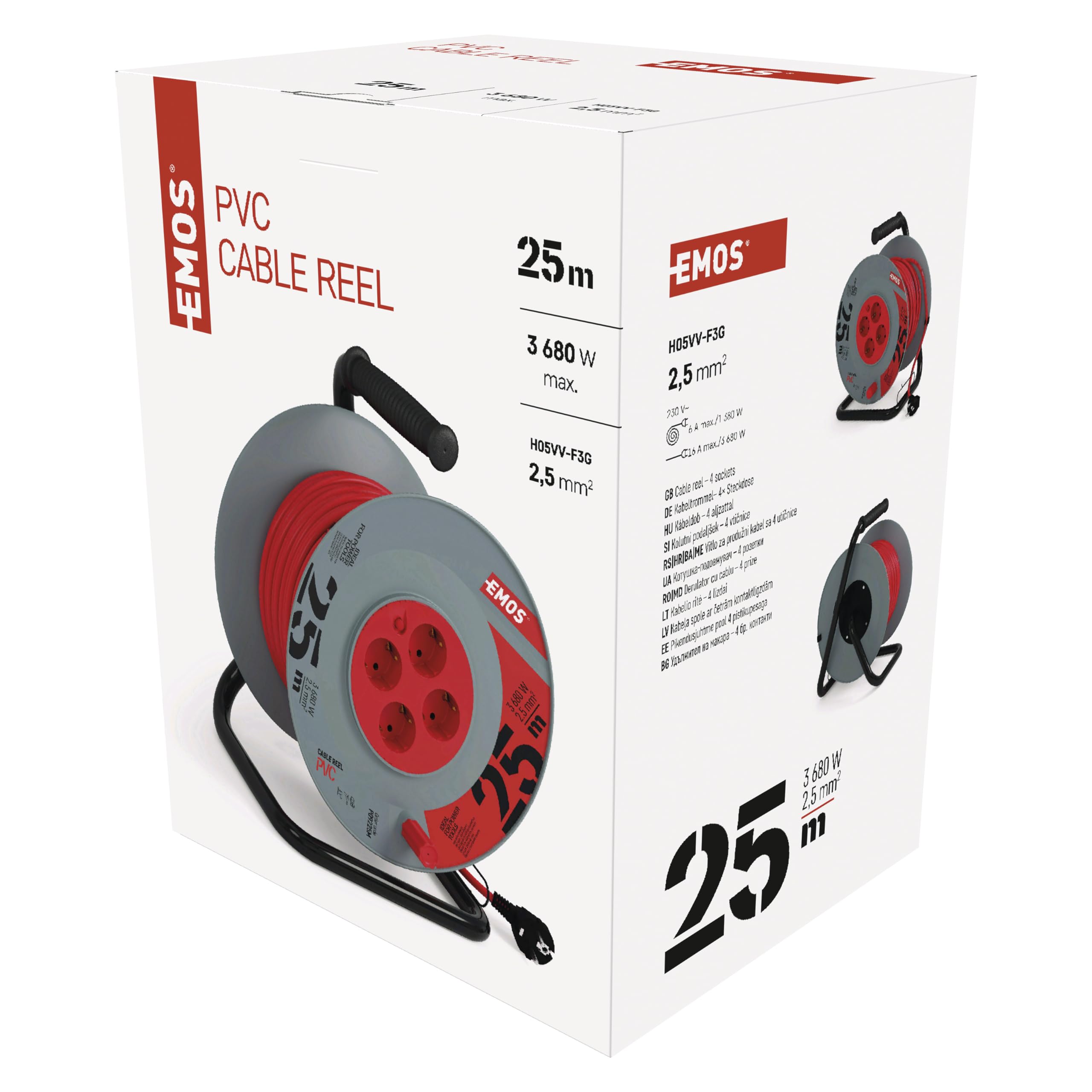 EMOS - Kabeltrommel 25m mit verstärktem Verlängerungskabel - 4 Schuko-Steckdosen - 230 V, 16 A, 3680 W - PVC-Isolierung - H05VV-F3G 2,5 mm2 - Überhitzungsschutz - IP20 für Innen
