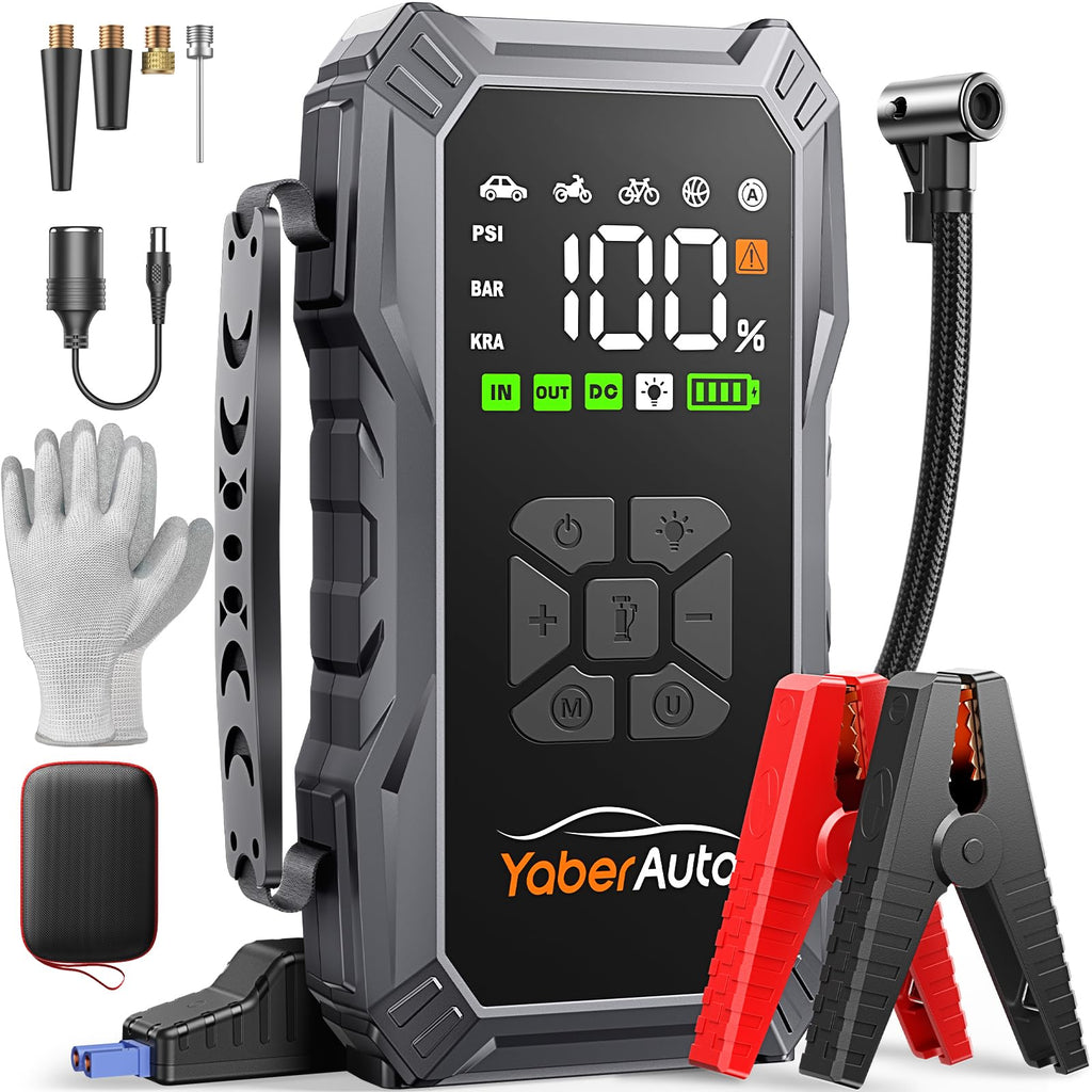 YaberAuto Starthilfe Powerbank mit Kompressor, 150PSI 6000A Auto Starthilfe, 23800mAh Starthilfe Powerbank, Jump Starter (All Benzin und 10.0L Dieselmotor) mit LCD Bildschirm und 500 Lumen Notlicht
