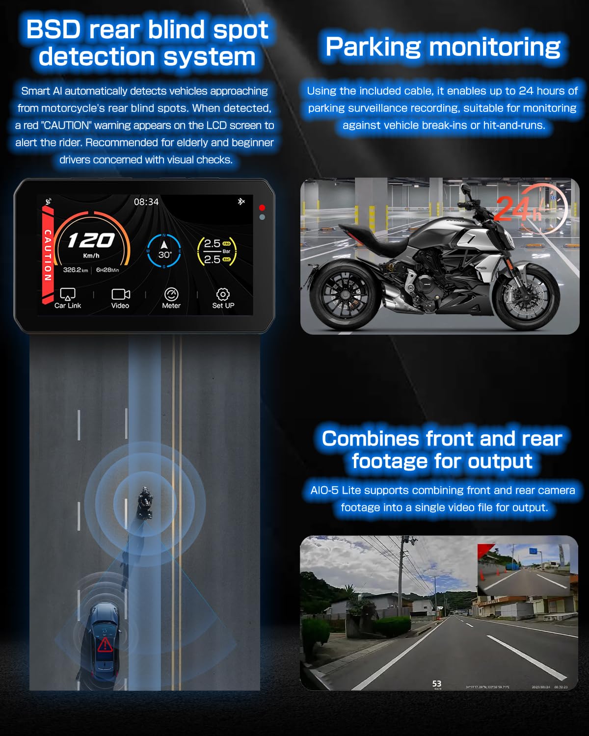 AIO-5 Lite Motorcycle Carplay Android Auto GPS Navigation System, BSD, STARVIS HDR 5" LCD, 60FPS,5G Wi-Fi BT, IP67 Waterproof, Support Siri Google Assistant, 24H Parking Mode, Dedicated App
