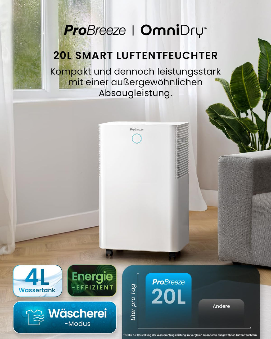 Pro Breeze OmniDry Luftentfeuchter mit App & WLAN, 20L in 24h Entfeuchtungsleistung - Luftentfeuchter elektrisch mit Wäschemodus, Feuchtigkeitssensor, Timer - Gegen Schimmel - Entfeuchter Dehumidifier
