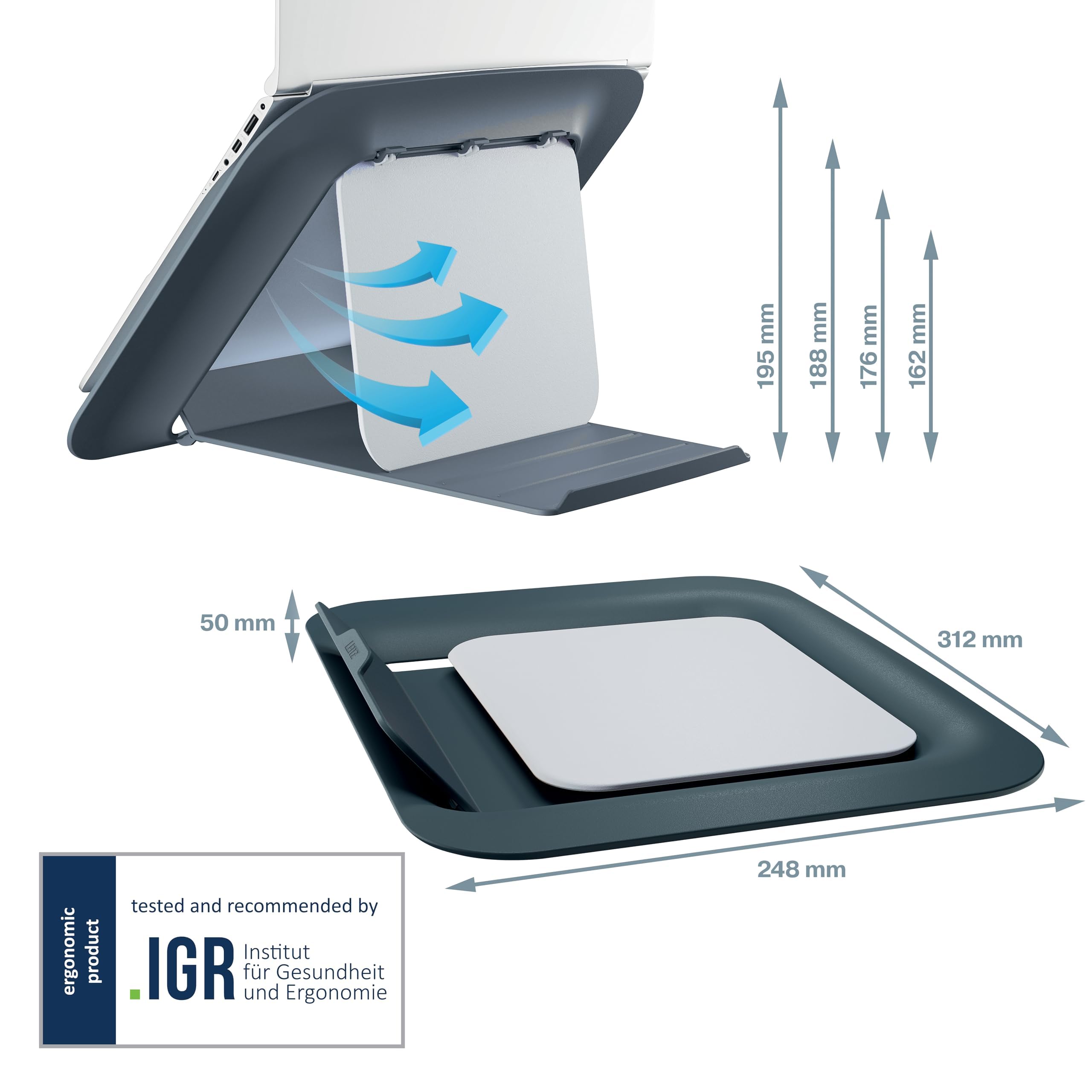 Leitz Höhenverstellbarer Laptopständer, Kompakte Laptop-Erhöhung mit 4 Höhen für 13“-15“ Notebooks, 80% recycelter Kunststoff & 100% recyclebar, IGR-zertifiziert, Ergo Cosy Serie, Dunkelgrau, 64260089