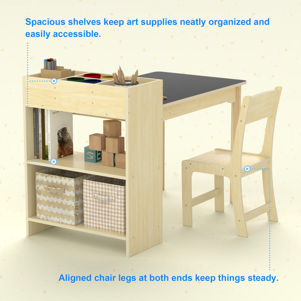 Puecrof Kinder Kreativtisch mit Stuhl aus Massivholz – Multifunktioneller Lern- & Spieltisch mit Stauraum für Kleinkinder ab 12 Monaten | Maltisch für Zuhause mit ergonomischem Kinderstuhl