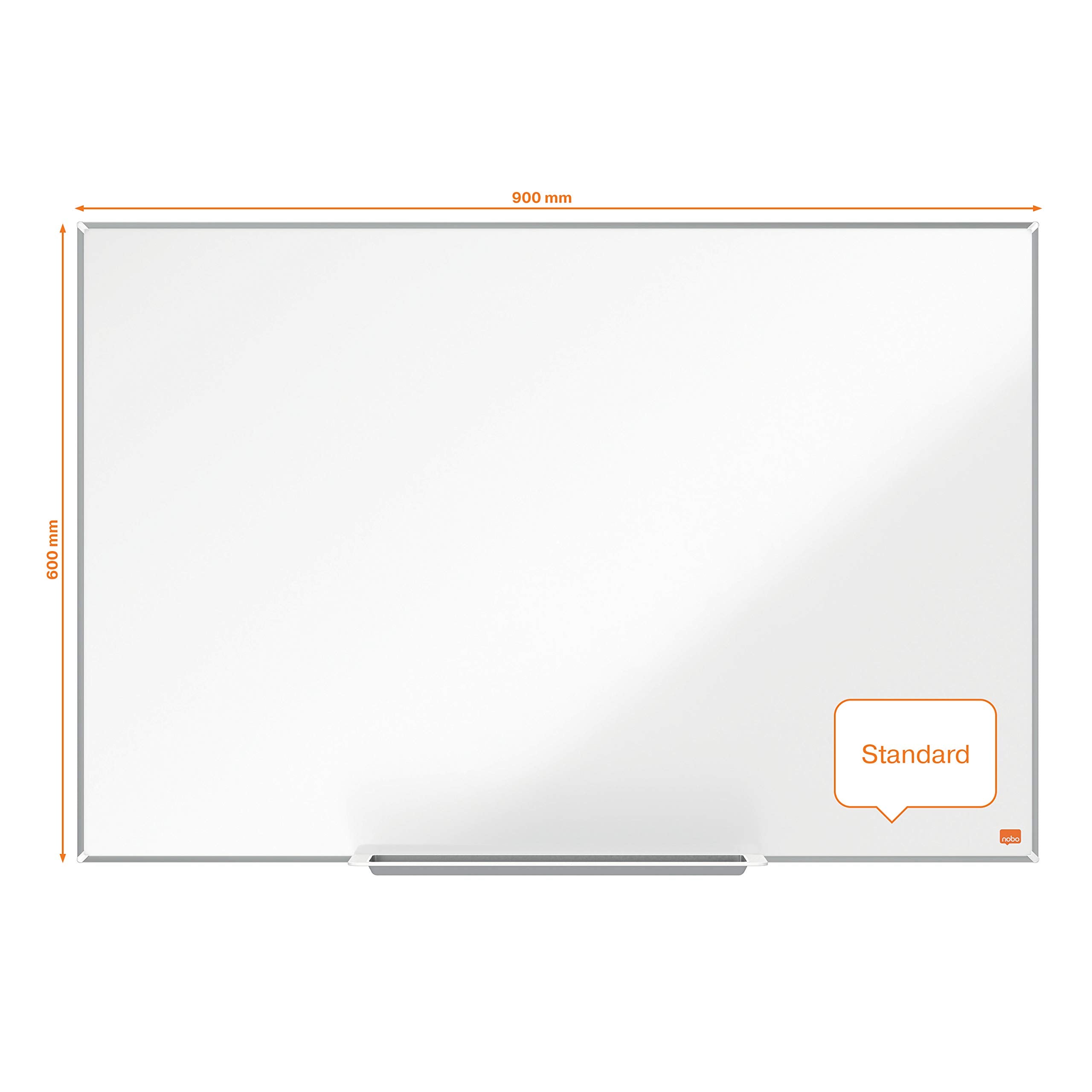 Nobo Magnetisches Emaillle-Whiteboard mit Stiftablage, 900 x 600 mm, Schlanker Zierrahmen, InvisaMount-Montagesystem, Impression Pro, Weiß, 1915395