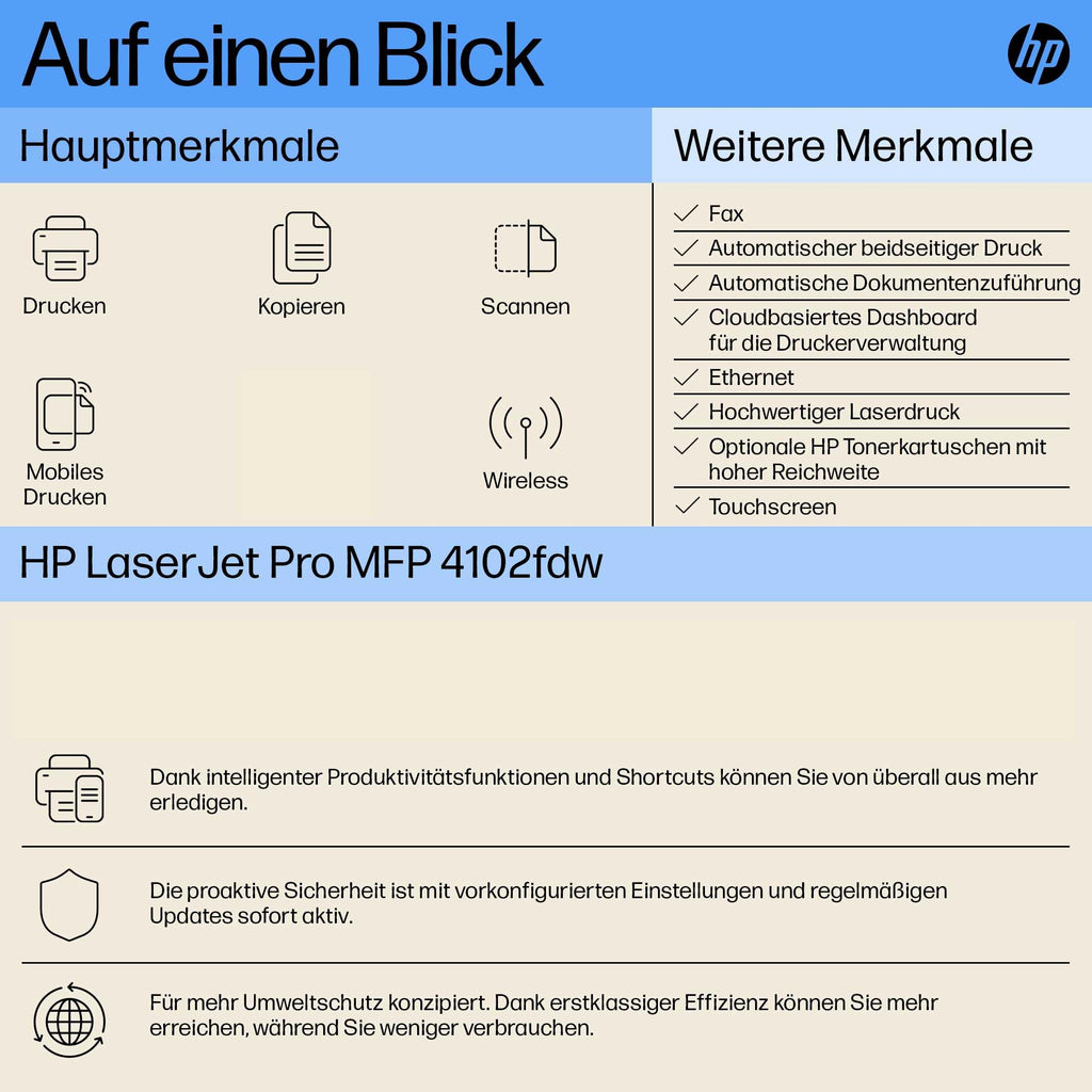 HP LaserJet Pro MFP 4102fdw Multifunktions-Laserdrucker Schwarz-Weiß, WLAN, Fax, Automatischer beidseitiger Druck, Hohe Druckgeschwindigkeit, Wolf Pro Security