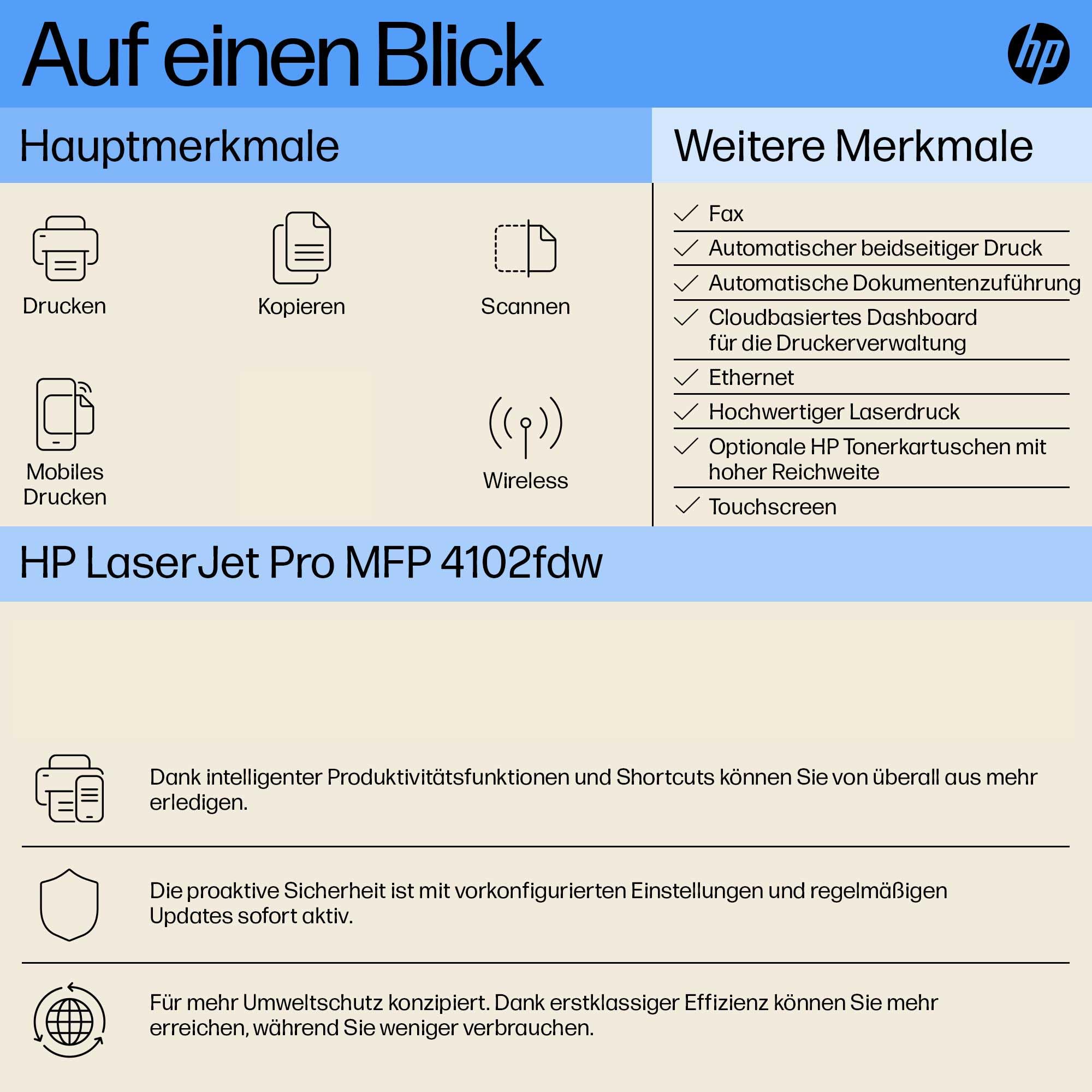 HP LaserJet Pro MFP 4102fdw Multifunktions-Laserdrucker Schwarz-Weiß, WLAN, Fax, Automatischer beidseitiger Druck, Hohe Druckgeschwindigkeit, Wolf Pro Security