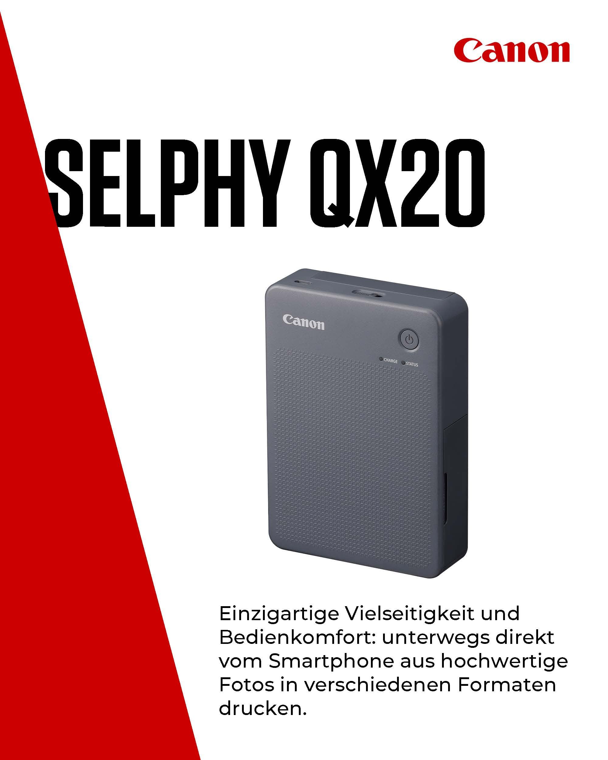 Canon SELPHY QX20 mobiler Fotodrucker – per WLAN direkt vom Smartphone drucken. Thermosublimationsdruck, 2 Größen Stickerpapier und Laden per USB-C - Dunkelgrau (ohne Farband/Papier)